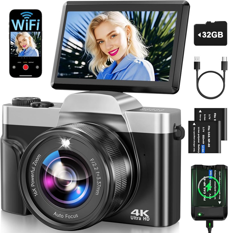 AUREAPIX كاميرا رقمية 4K للتصوير مع واي فاي 64 ميجابكسل كاميرا فلوغينغ للصور على يوتيوب فيديو شاشة قابلة للطي 3'' 180° كاميرات 4K زوم 16X مضادة للاهتزاز كاميرات مدمجة للتصوير مع بطاقة SD - Image 1